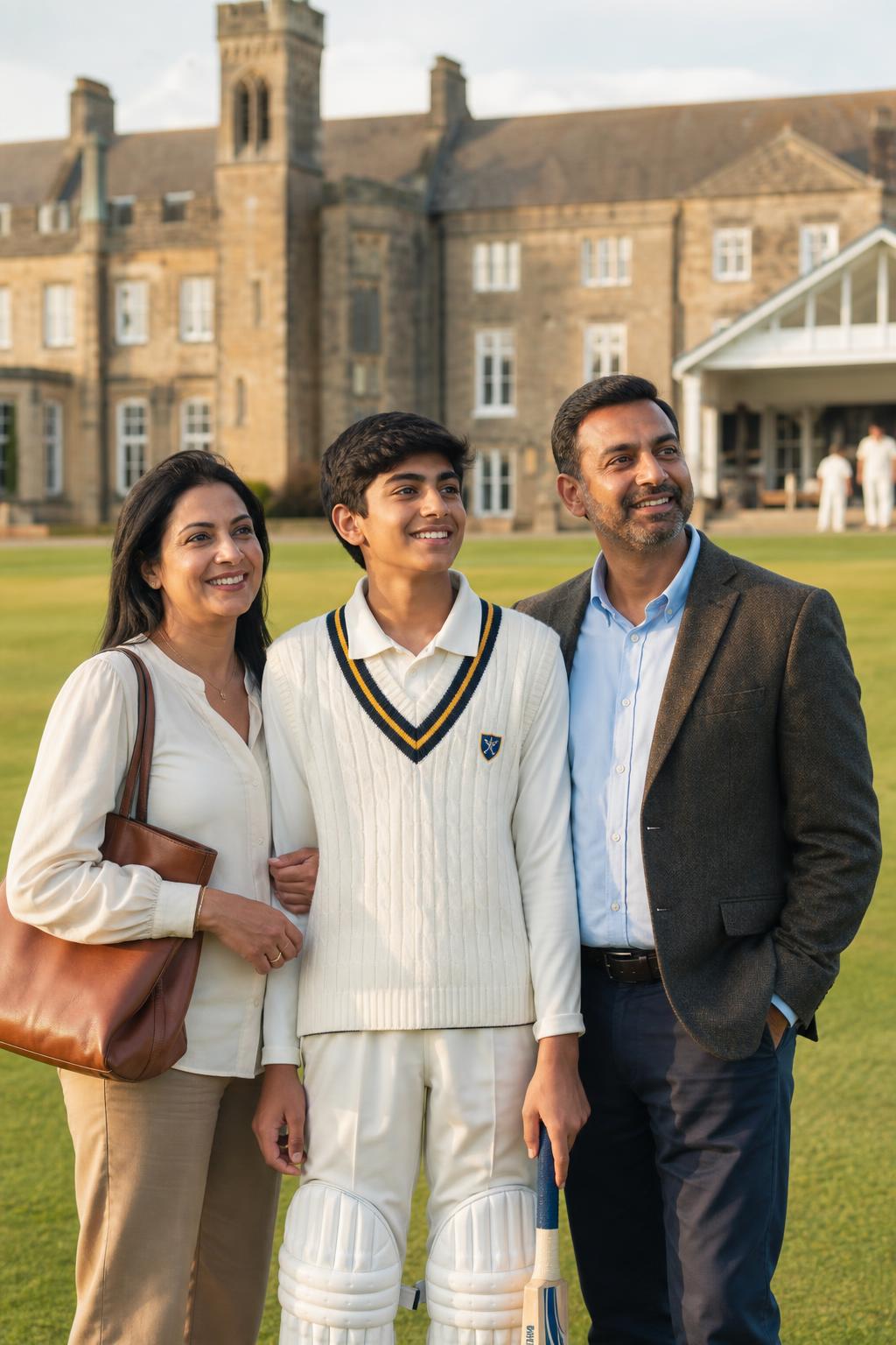 A family with a young cricketer visiting a UK independent school