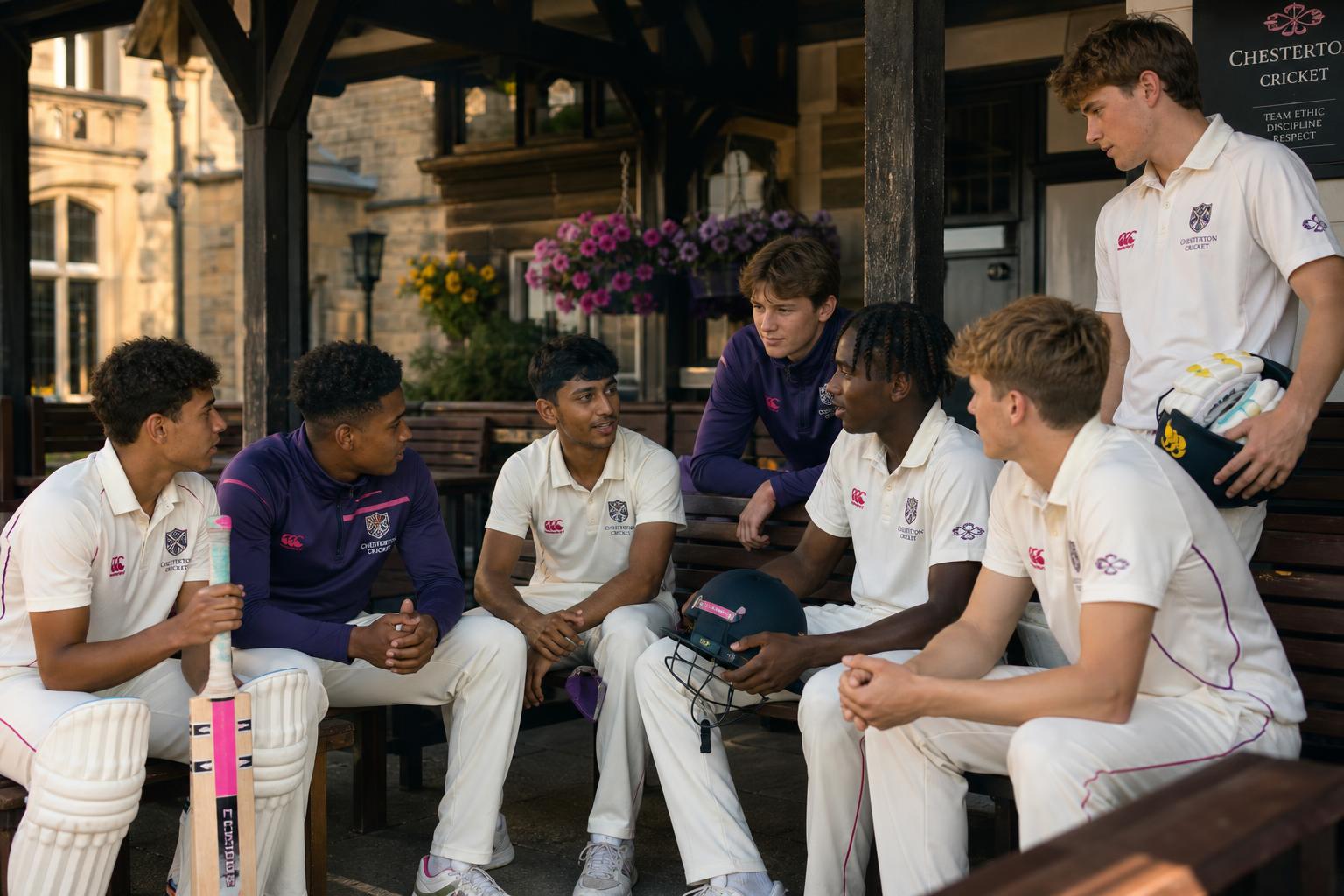 A diverse group of young cricketers in discussion at a UK school pavilion